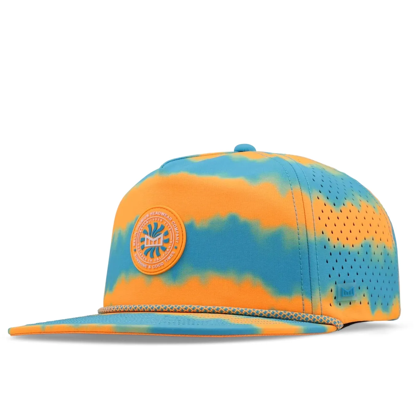 Melin Coronado Neon Tie Dye Hydro snapback hat in turquoise colorway angled front view