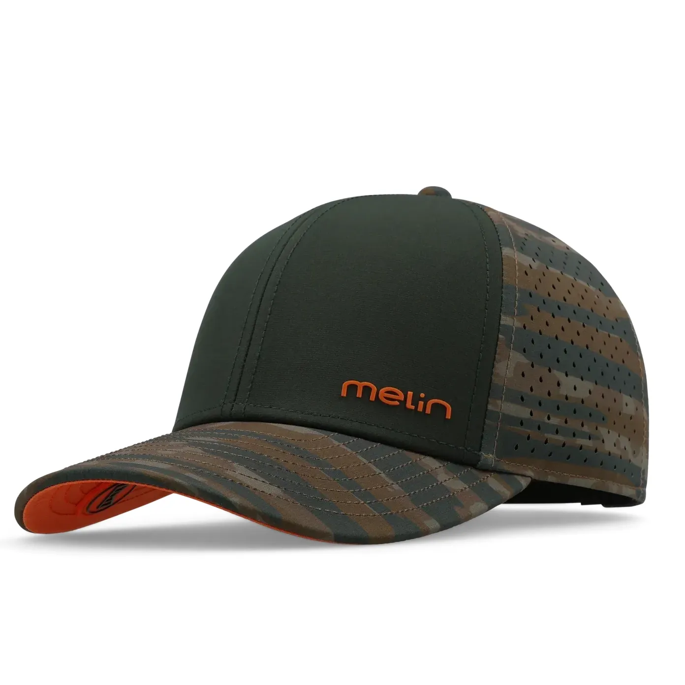 Melin Compass HYDRO performance snapback hat in Everglade camo angled front view