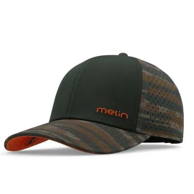 Melin Compass HYDRO performance snapback hat in Everglade camo angled front view