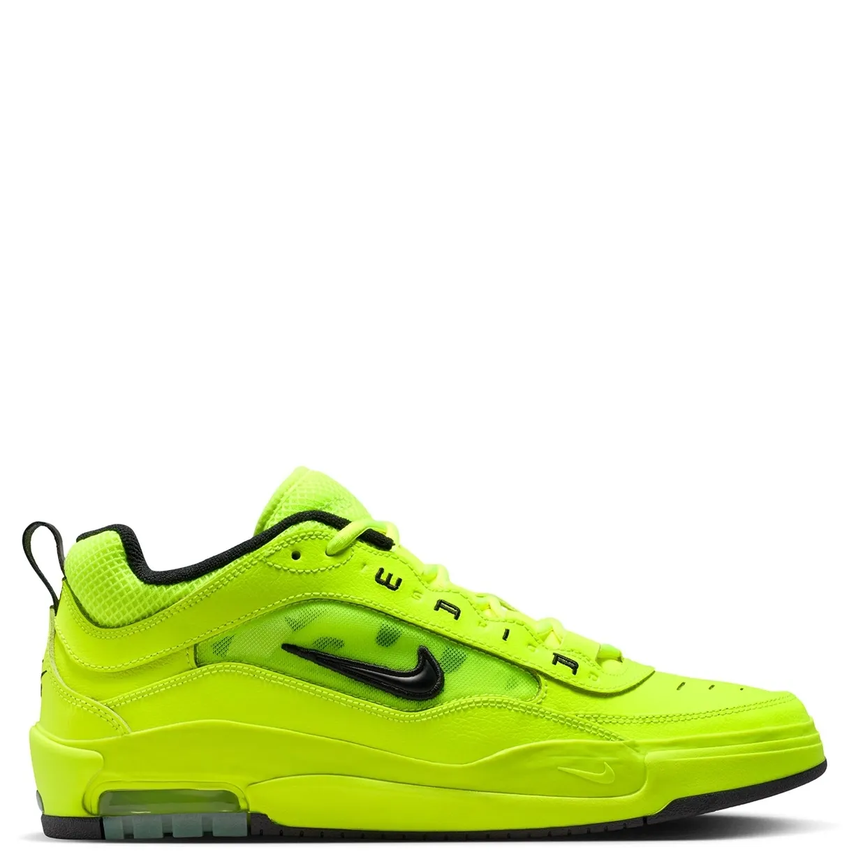 Side profile of Nike SB Air Max Ishod Premium Tennis Ball sneaker showing black Swoosh and visible Air unit.