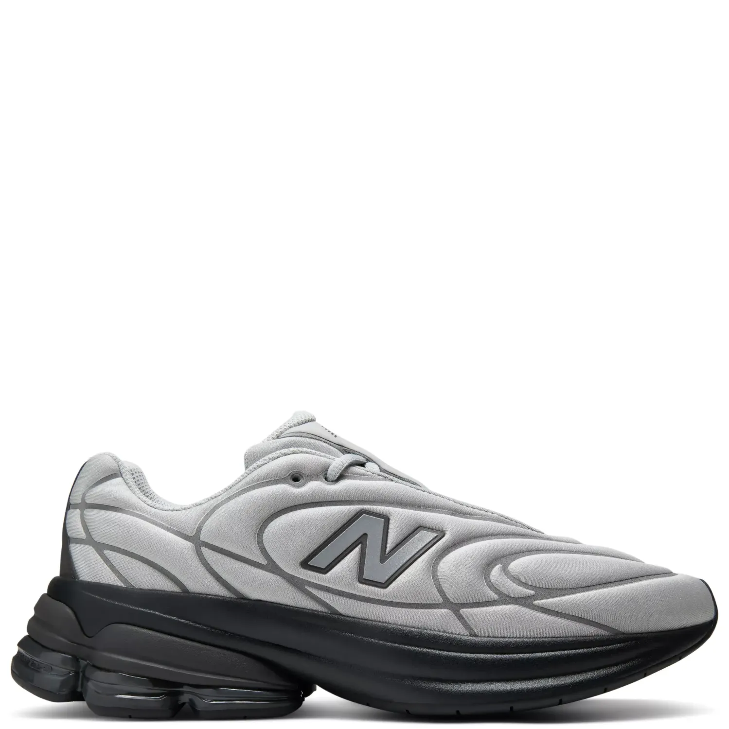 Lateral side view of the New Balance ABZORB 5030 in Raincloud and Black Metallic with sculpted cushioning platform.