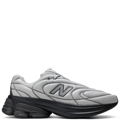 Lateral side view of the New Balance ABZORB 5030 in Raincloud and Black Metallic with sculpted cushioning platform.