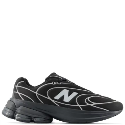 Lateral side view of the New Balance ABZORB 5030 in Black and Silver Metallic with visible cushioning pods.