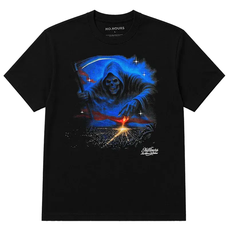 Front view of the NOHOURS Sin City Tee in black showcasing the large reaper graphic and "As Above So Below" script detail.