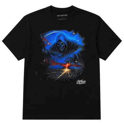 Front view of the NOHOURS Sin City Tee in black showcasing the large reaper graphic and "As Above So Below" script detail.