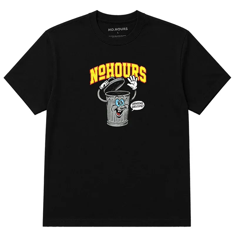 Front view of the NOHOURS Opinions Tee in black with vintage-inspired graphic artwork centered on the chest.