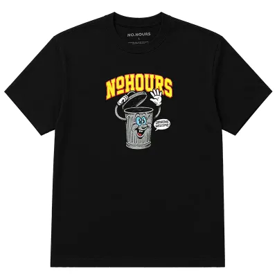 Front view of the NOHOURS Opinions Tee in black with vintage-inspired graphic artwork centered on the chest.