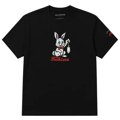 Front view of the NOHOURS Lucky Tee in black with vintage-inspired rabbit artwork centered on the chest.