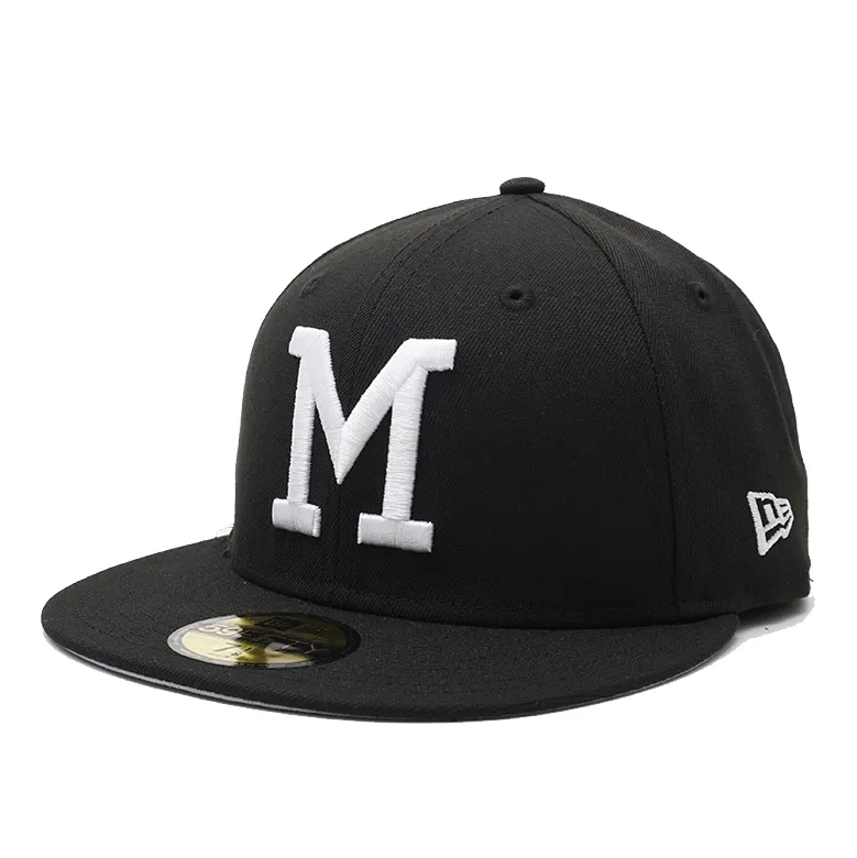 Angled front view of Milwaukee Brewers black fitted cap with raised white M logo