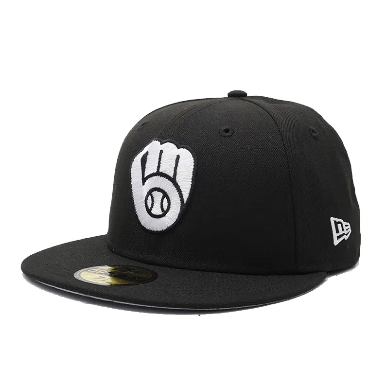 Angled front view of Milwaukee Brewers black fitted hat with white ball and glove logo