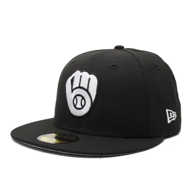 Angled front view of Milwaukee Brewers black fitted hat with white ball and glove logo