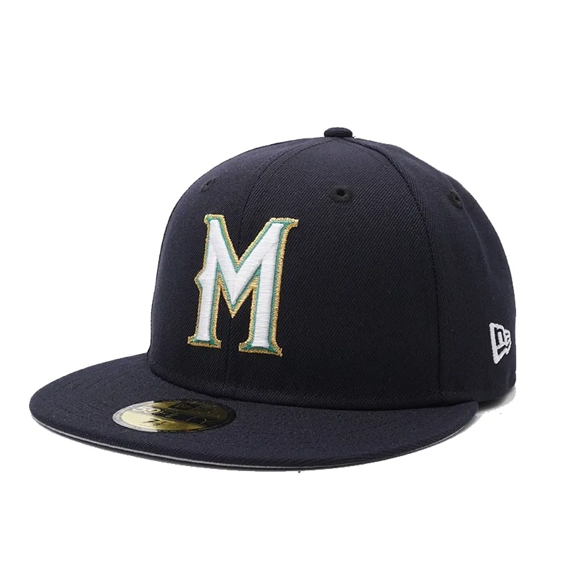 Angled front view of New Era Milwaukee Brewers 90’s M 59FIFTY fitted hat in navy