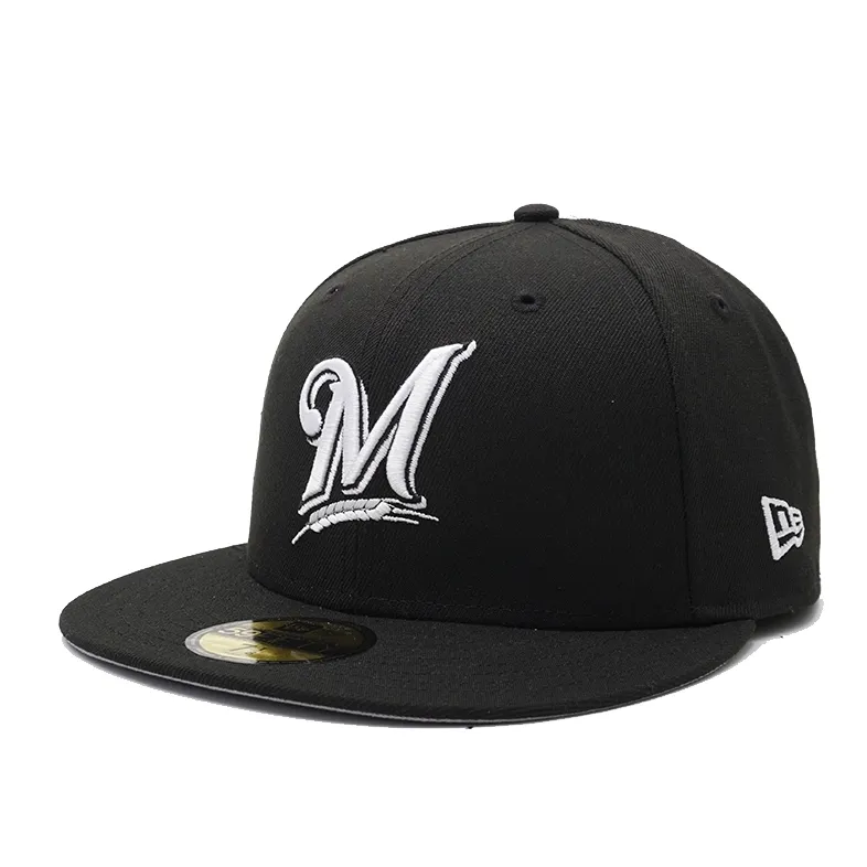 Angled front view of Brewers fitted cap with white script M barley logo embroidery