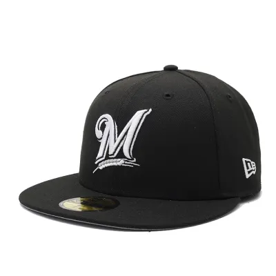 Angled front view of Brewers fitted cap with white script M barley logo embroidery