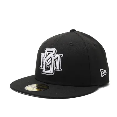 Angled front view of Milwaukee Brewers black fitted hat with retro MB logo embroidery