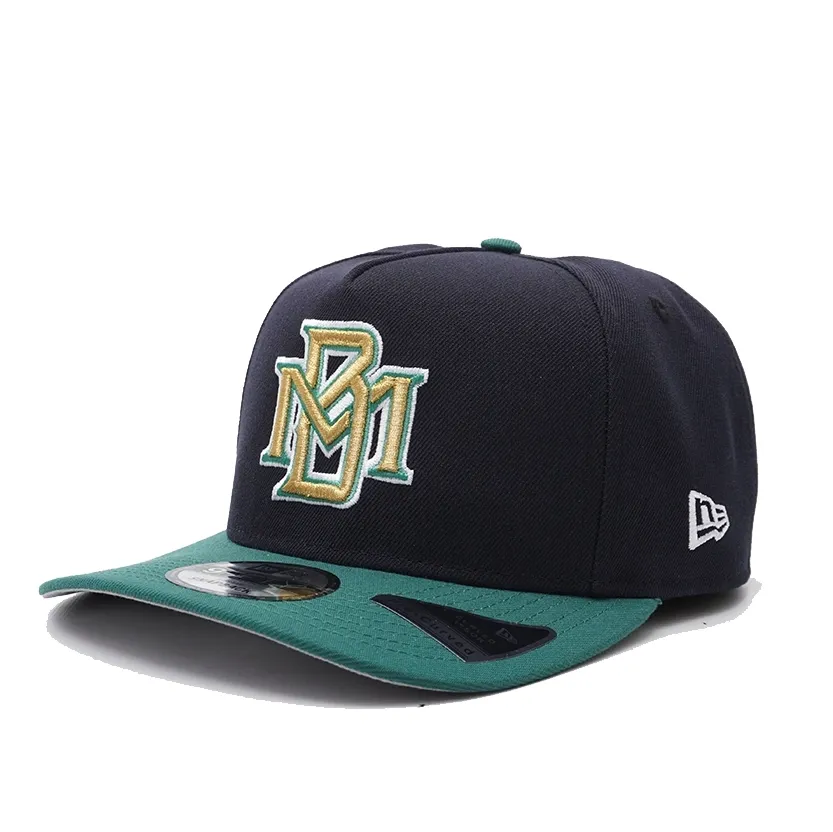 New Era Milwaukee Brewers 90’s MB 9FIFTY A-Frame snapback hat in navy and evergreen angled view