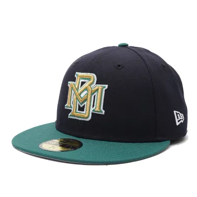 Angled front view of Milwaukee Brewers navy and green fitted cap with retro MB logo