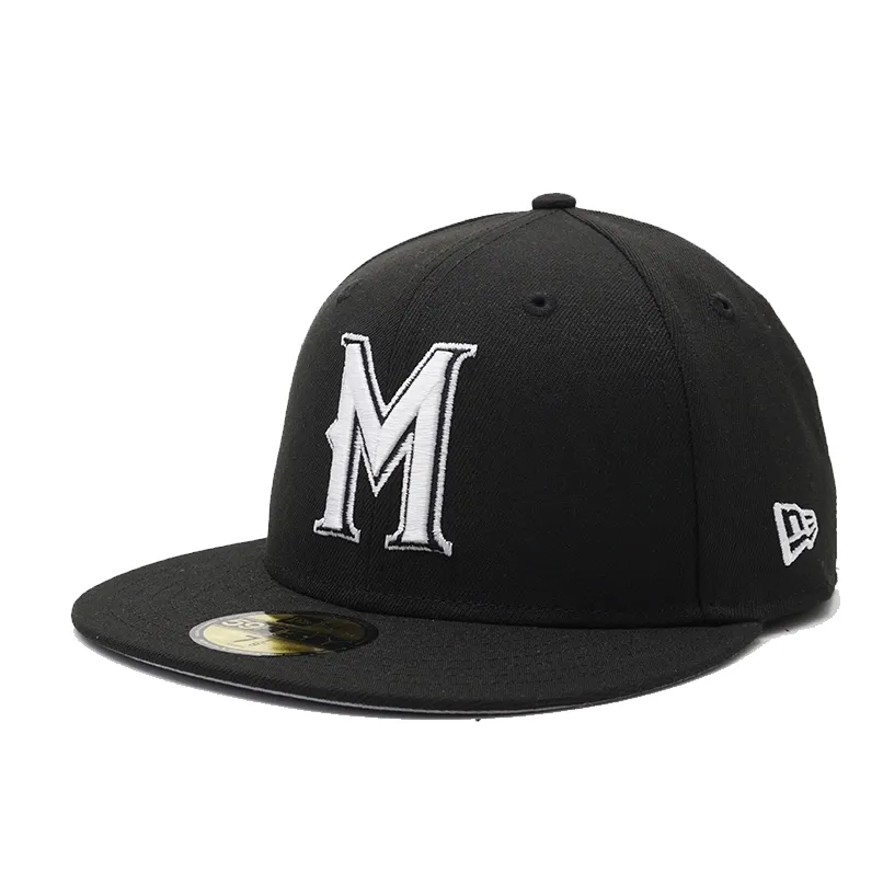 Angled front view of Brewers 90’s M fitted hat with raised white embroidered logo