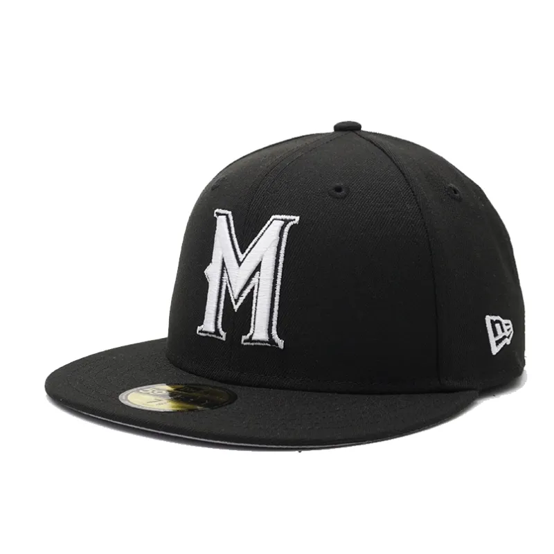 Angled front view of Brewers 90’s M fitted hat with raised white embroidered logo