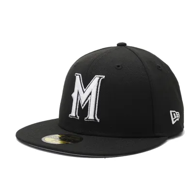 Angled front view of Brewers 90’s M fitted hat with raised white embroidered logo