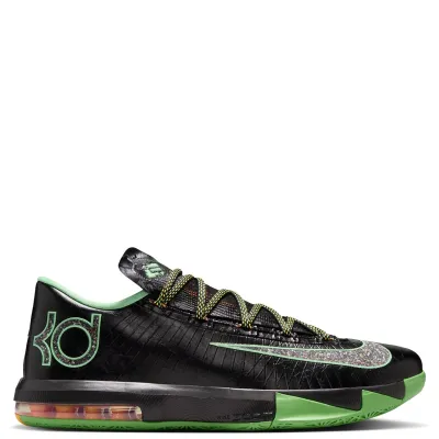 Nike KD 6 Night Vision medial side view with large speckled Swoosh and green KD heel logo.