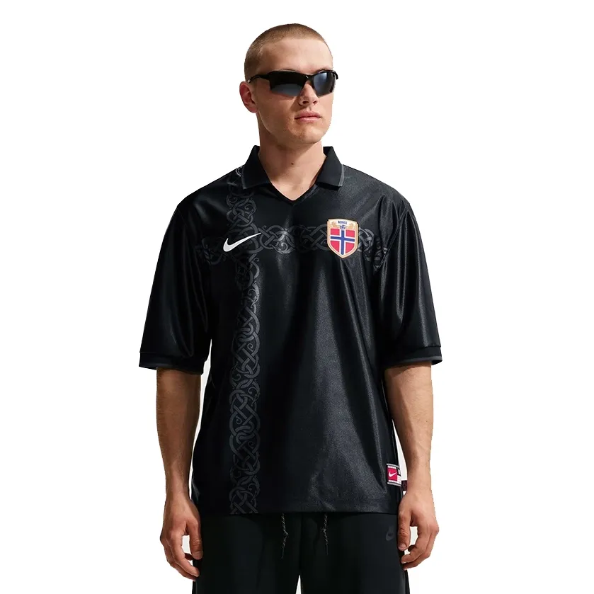 Front view of model wearing Nike Norway Energy soccer jersey featuring the Norway crest and tonal Nordic-inspired graphics.
