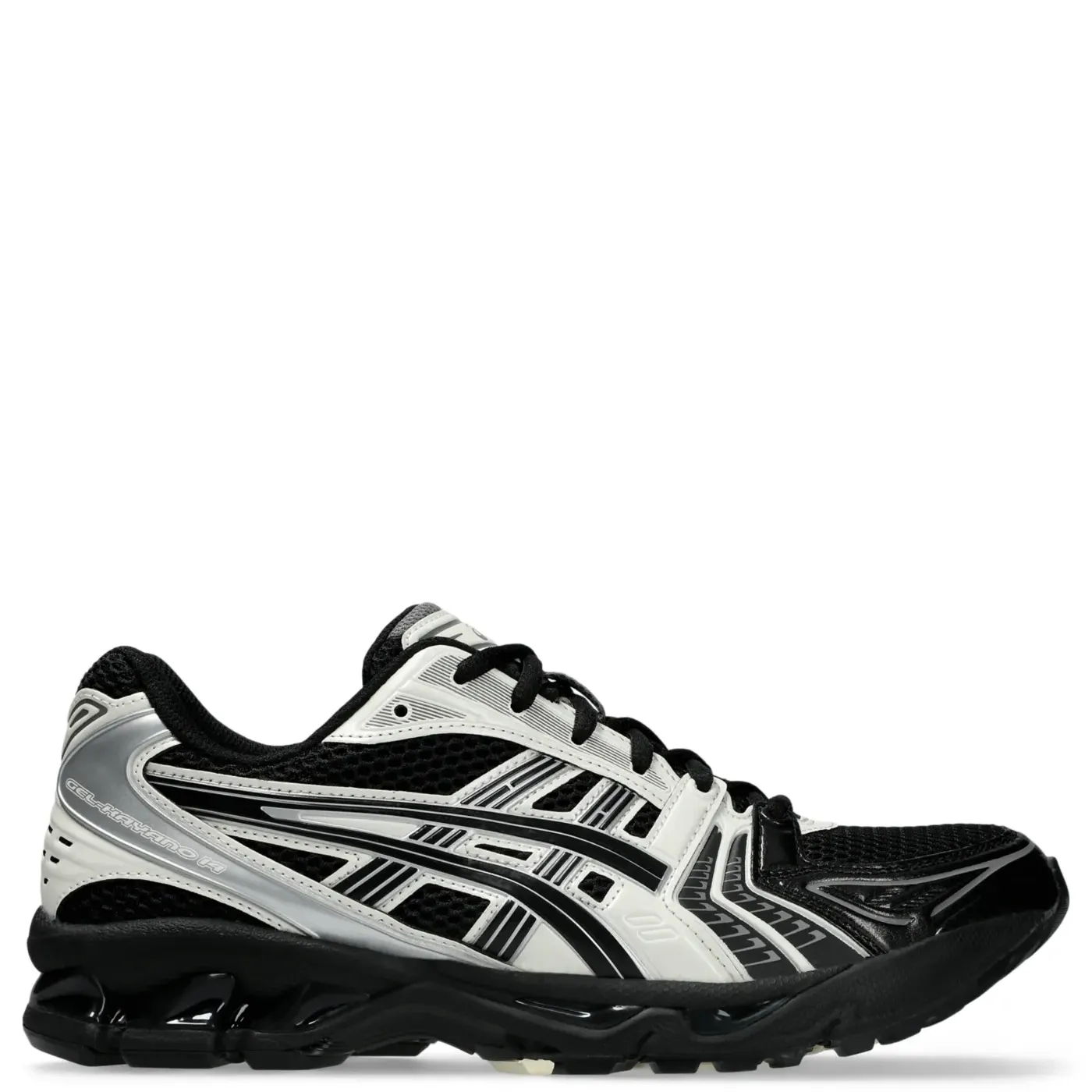 Right side profile of ASICS GEL-KAYANO 14 in Black and Cream with heritage running styling.