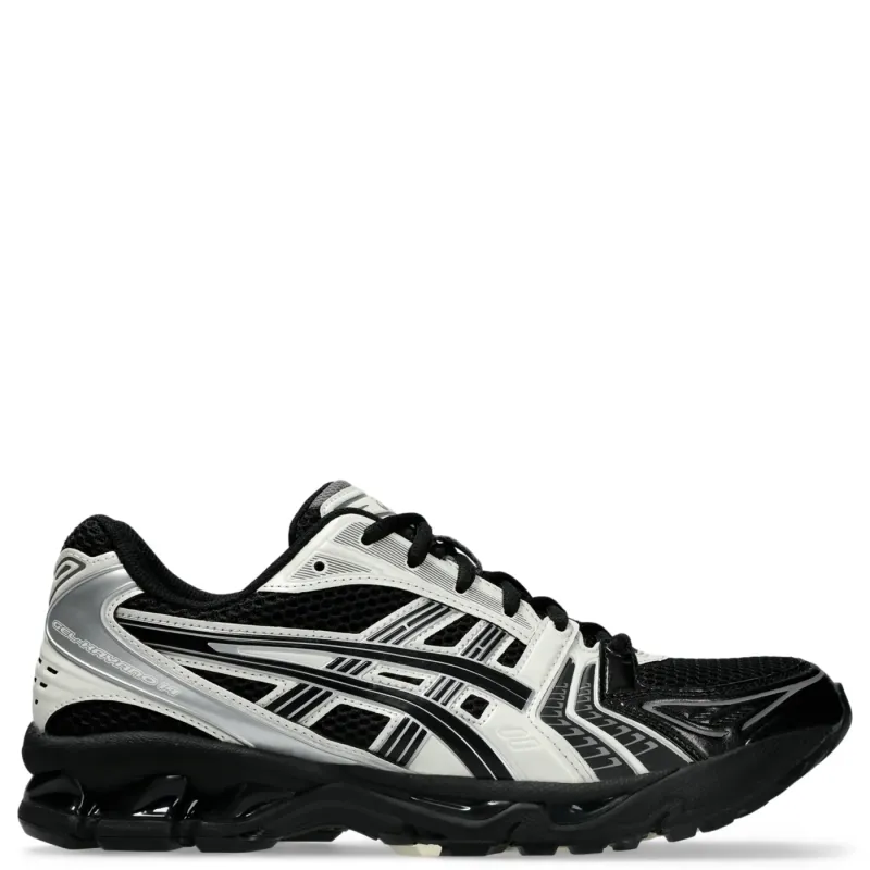 Right side profile of ASICS GEL-KAYANO 14 in Black and Cream with heritage running styling.