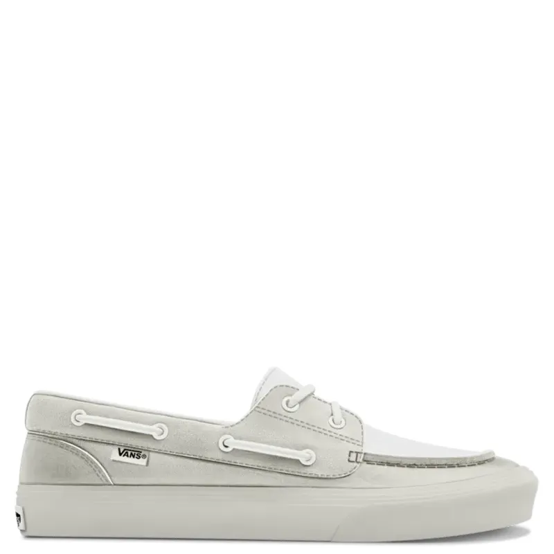 Vans 2-Eyelet Boat Shoe Marshmallow with leather upper, moc-toe stitching, and rawhide-style laces.