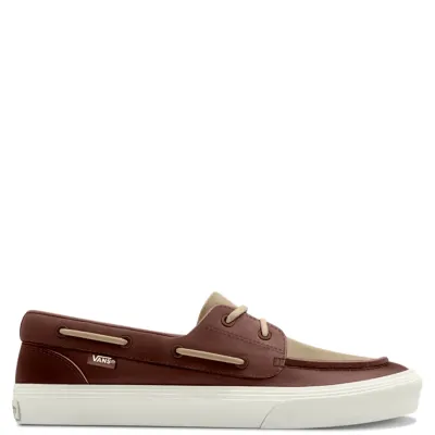 Vans 2-Eyelet Boat Shoe Incense with brown leather upper, canvas panels, and classic moc-toe design.