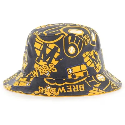 Front view of '47 Brand Milwaukee Brewers Bravado bucket hat in navy and gold with all-over team logo print.