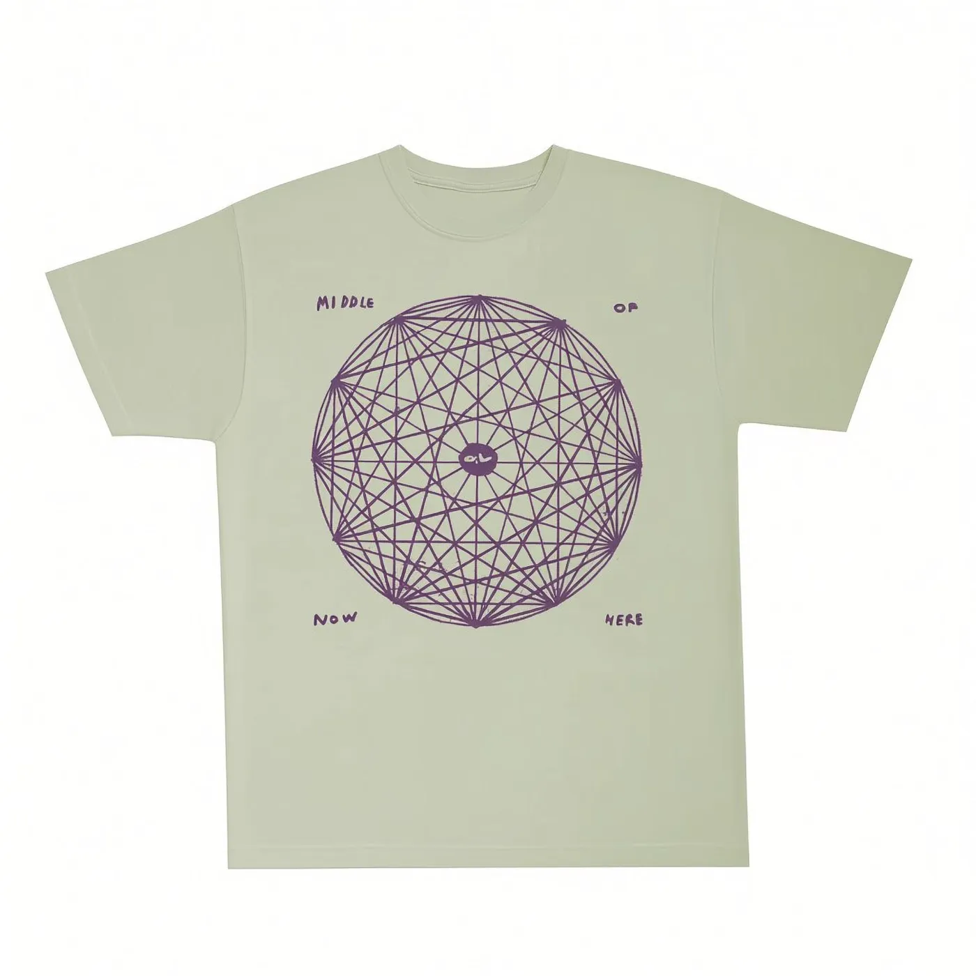 The Quiet Life Middle of Now Here T-shirt in bay green with geometric globe graphic and purple front print.