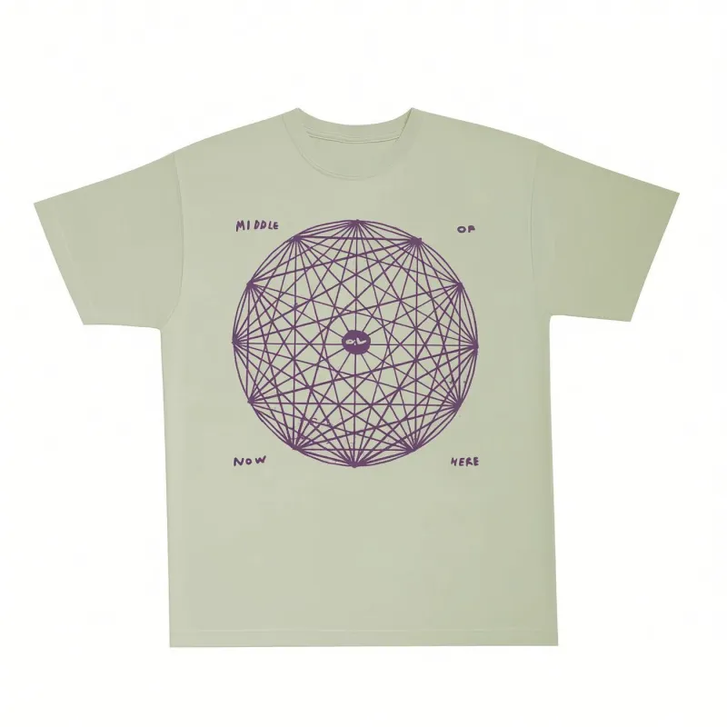 The Quiet Life Middle of Now Here T-shirt in bay green with geometric globe graphic and purple front print.