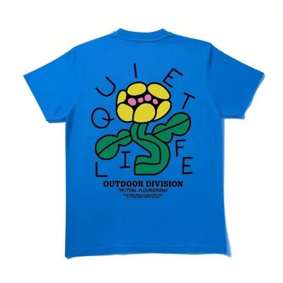 Back view of The Quiet Life Mutual Flourishing T-shirt in royal blue featuring oversized flower artwork and Outdoor Division 