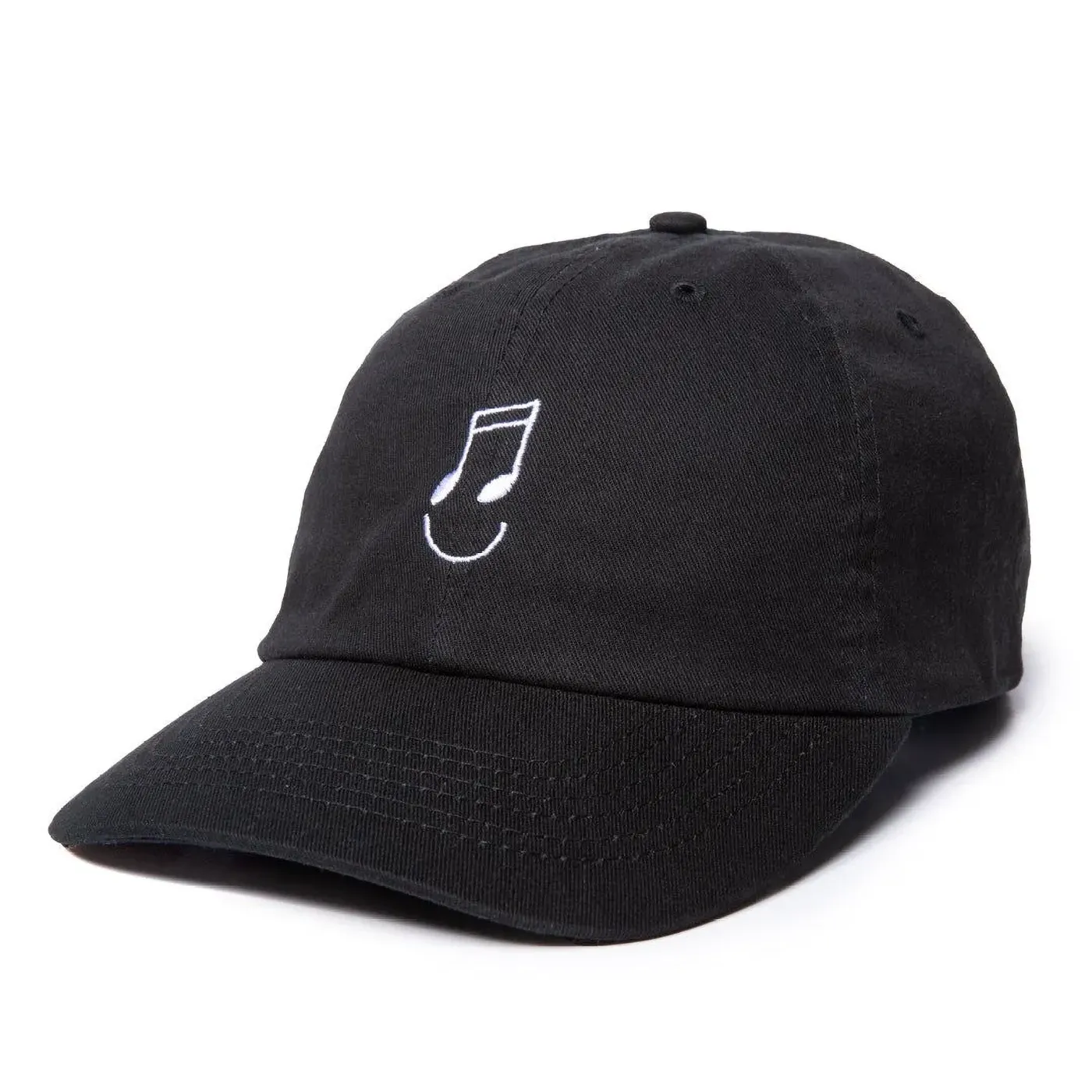 The Quiet Life Music Man Dad Hat in black with embroidered music note smiley graphic.