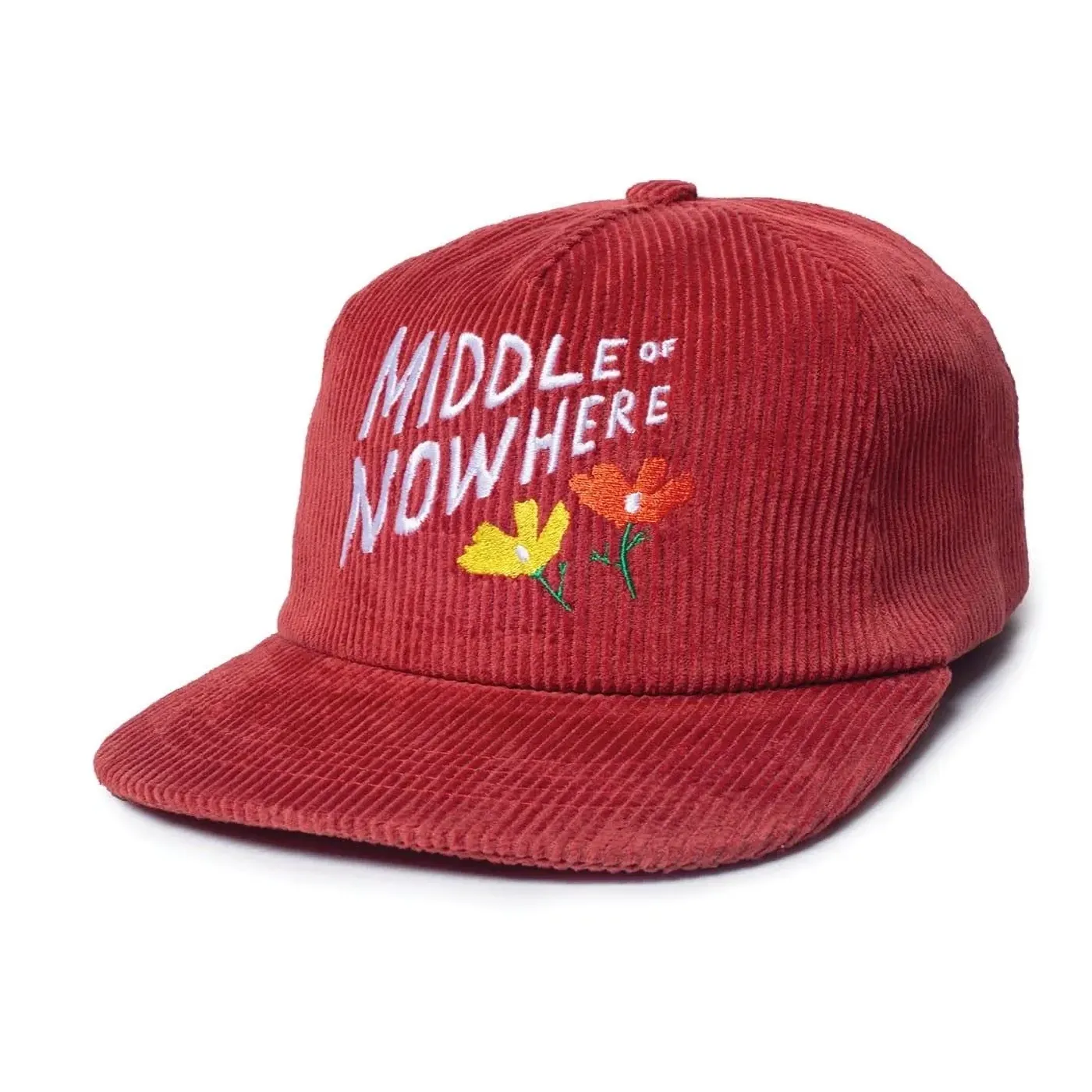 The Quiet Life Middle of Nowhere snapback hat in rust corduroy with embroidered graphic and flowers.