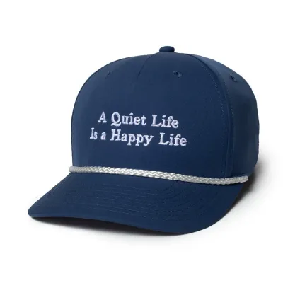 The Quiet Life Happy Life snapback hat in navy with embroidered slogan and contrast rope detail.
