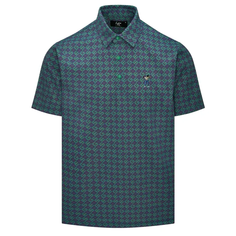 Front view of Eastside Golf Snap Placket Polo in navy and verde argyle print