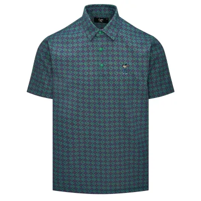 Front view of Eastside Golf Snap Placket Polo in navy and verde argyle print