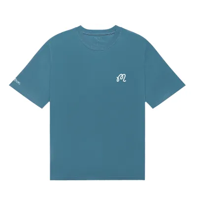 Front view of Malbon Golf Bermuda Tee in Aegean Blue with embroidered M logo