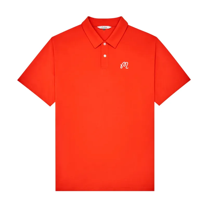 Front view of Malbon Golf Fairway Polo in Grenadine Red with embroidered M logo