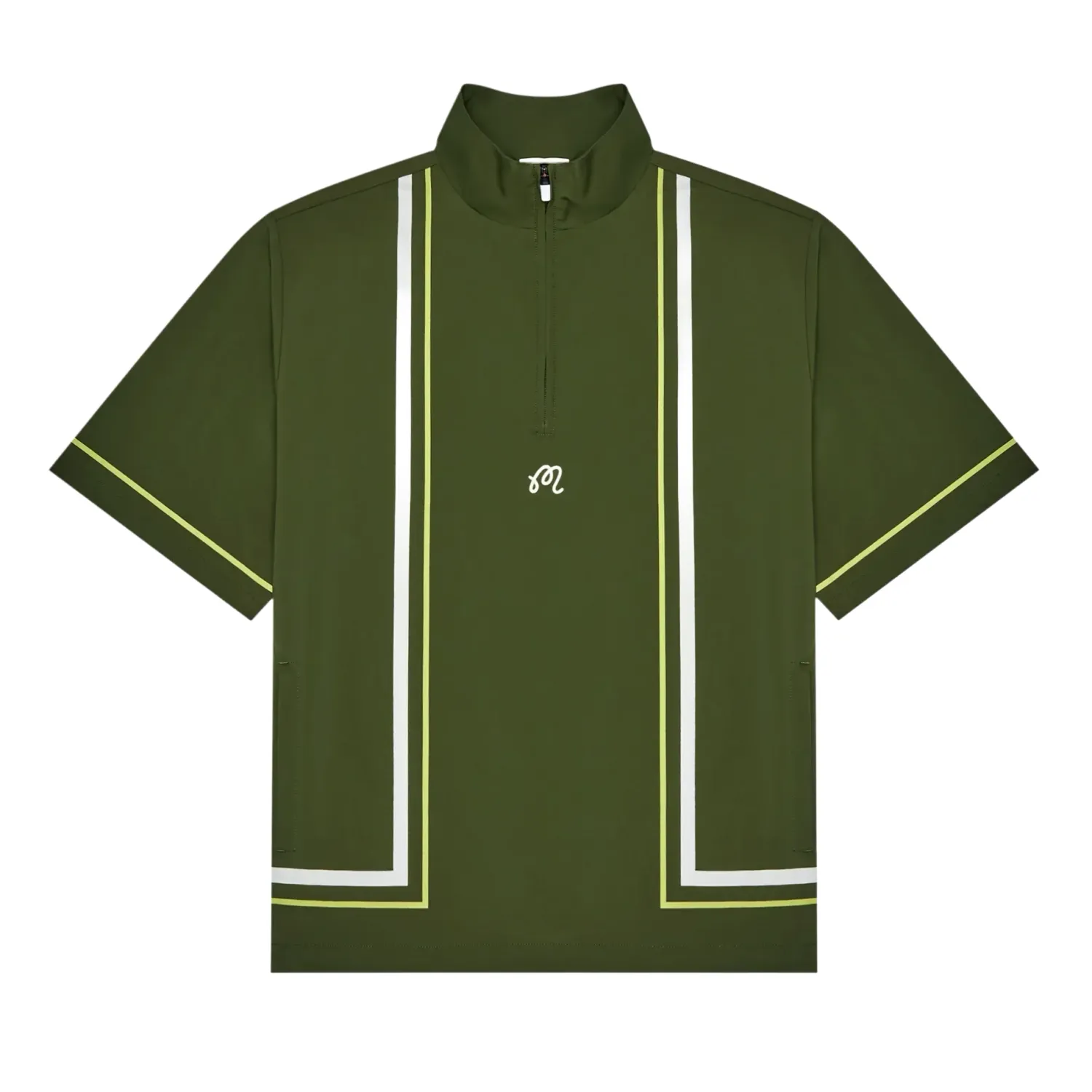 Front flat lay of Malbon Golf Playa Windshirt in Chive with quarter-zip collar and contrast piping