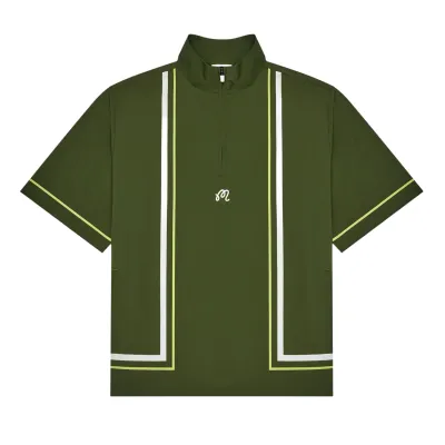 Front flat lay of Malbon Golf Playa Windshirt in Chive with quarter-zip collar and contrast piping