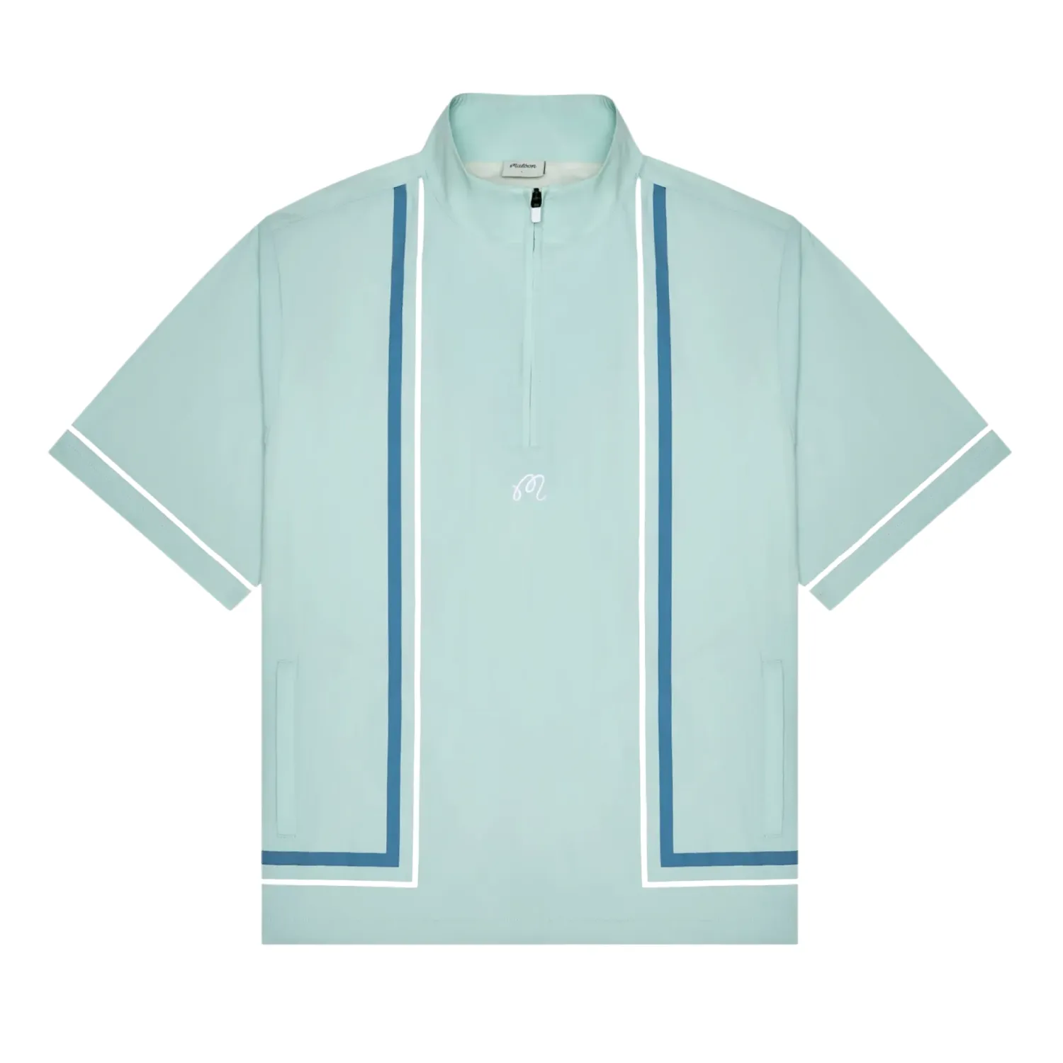 Front flat lay view of the Malbon Golf Playa Windshirt in Surf Spray with contrast blue and white piping details.