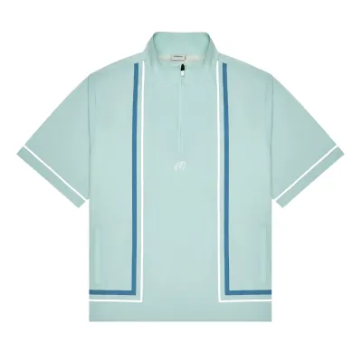 Front flat lay view of the Malbon Golf Playa Windshirt in Surf Spray with contrast blue and white piping details.