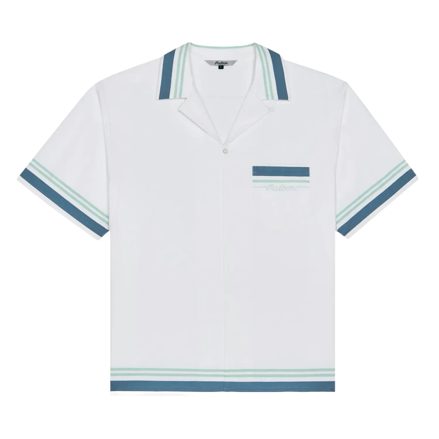 Front view of the Malbon Golf Ventura Camp Shirt in White featuring blue and mint stripe accents.
