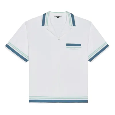 Front view of the Malbon Golf Ventura Camp Shirt in White featuring blue and mint stripe accents.