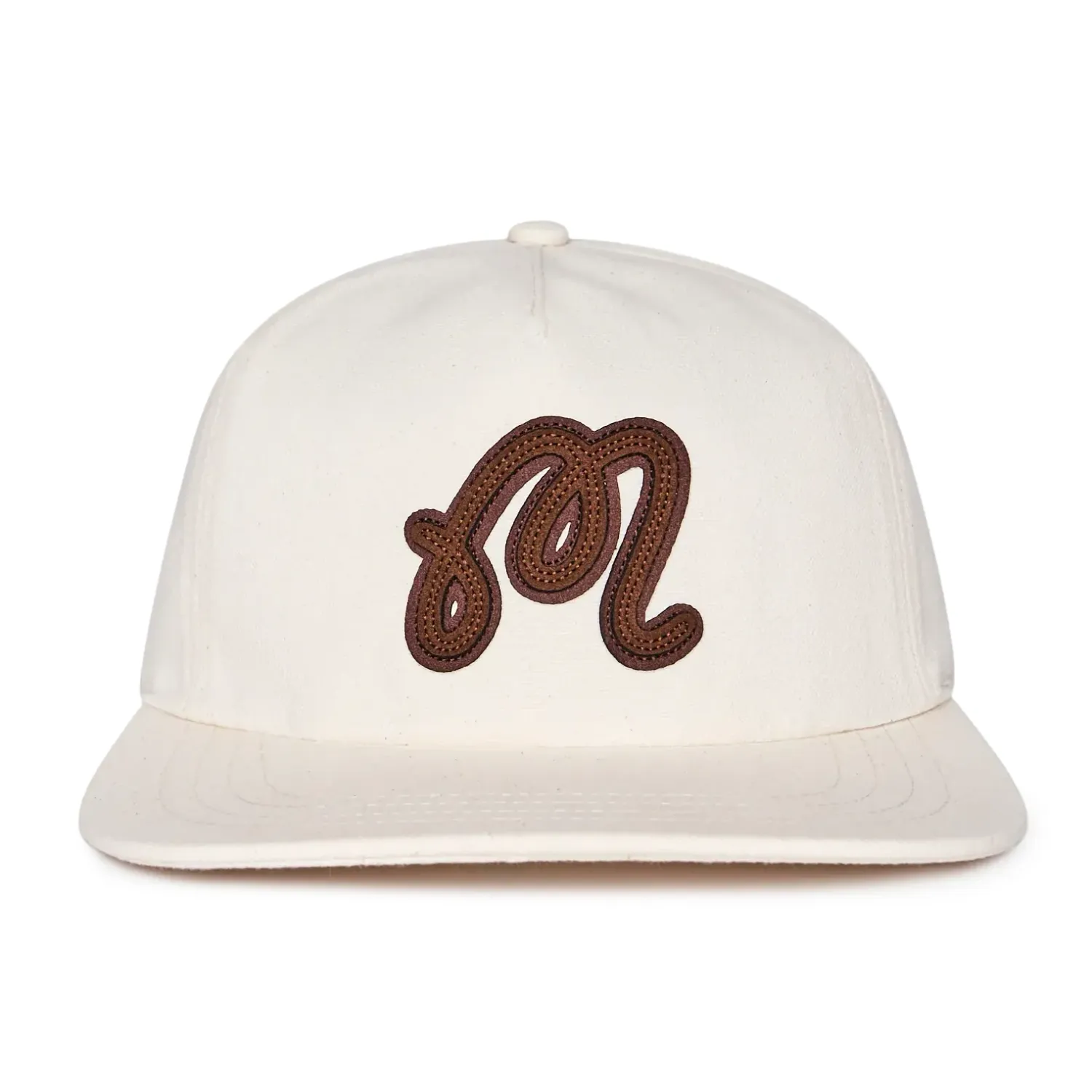 Front view of Malbon Golf Velasco Snapback Hat in cream with brown leather appliqué embroidered logo.