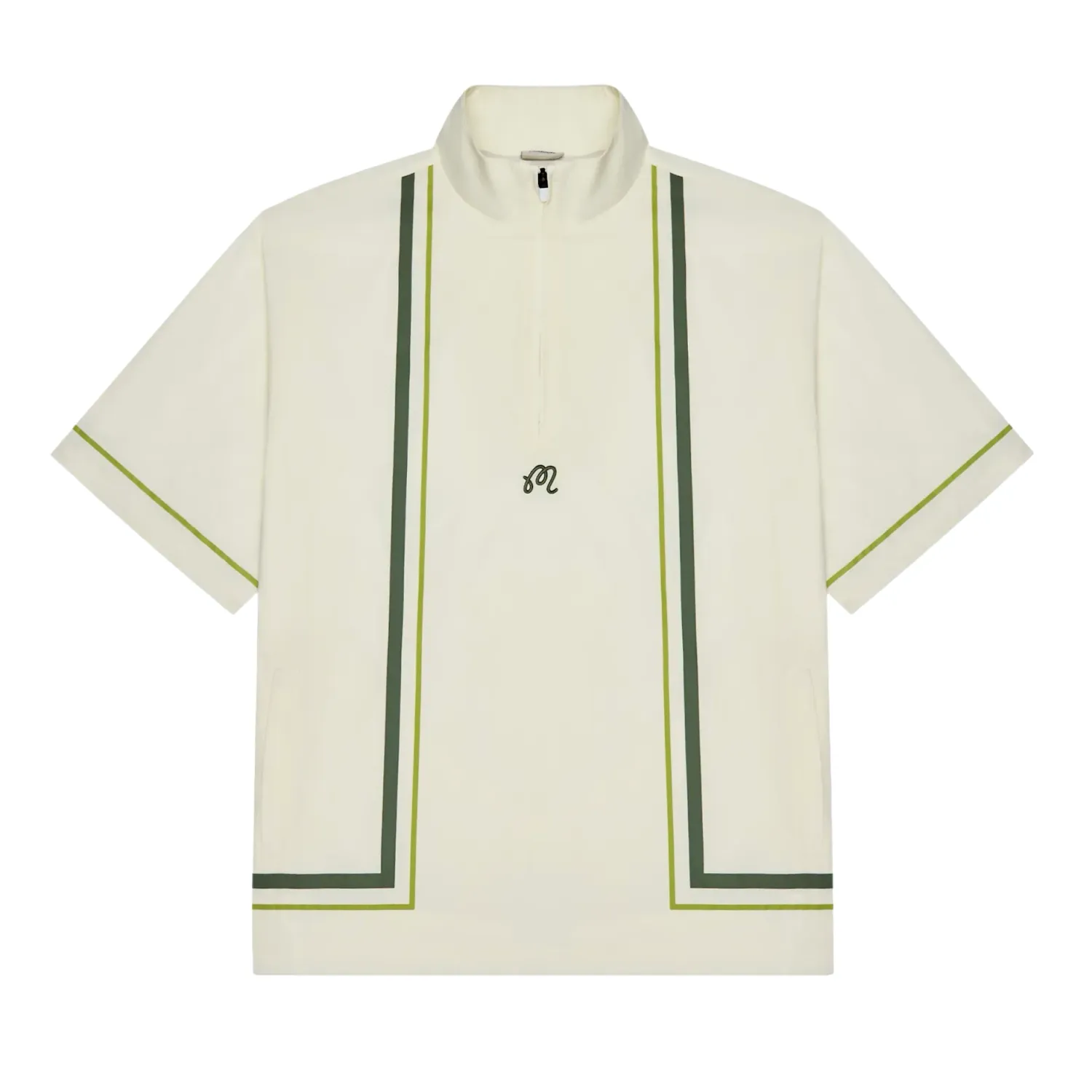 Front flat lay view of the Malbon Golf Playa Windshirt in Cream with green contrast piping and quarter-zip collar.