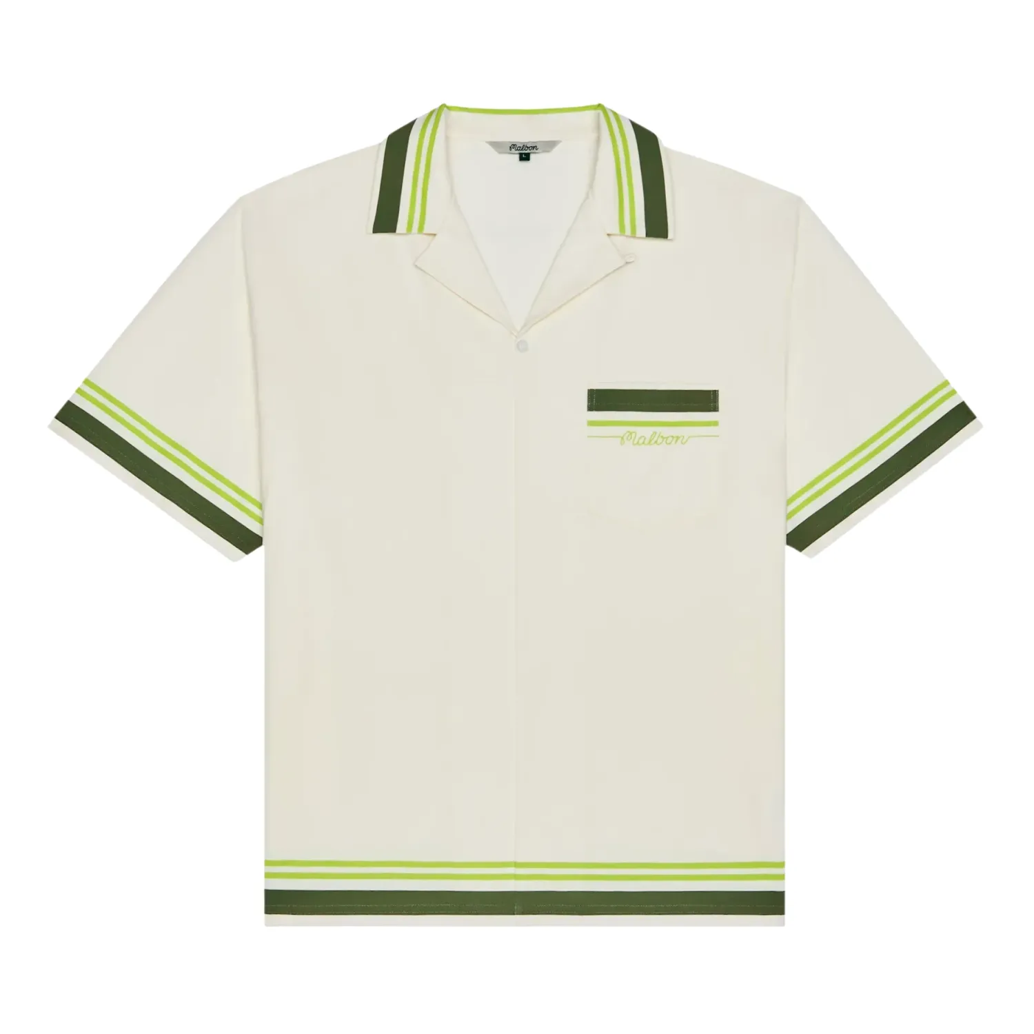 Front flat lay view of the Malbon Golf Ventura Camp Shirt in Cream featuring contrast green stripe detailing.